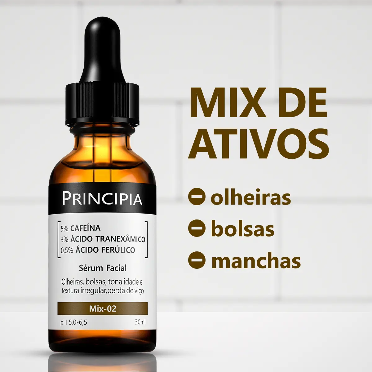 Sérum Facial Mix 02 5% Cafeína + 3% Tranexâmico + Ferúlico Skincare Anti Olheiras e Manchas com 30ml Principia